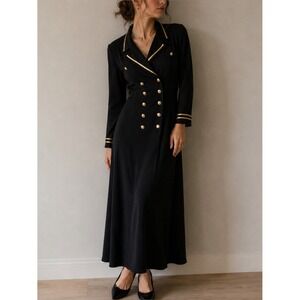 Vintage 90s Lew Magram Black Maxi Dress Gold Trim Size 10